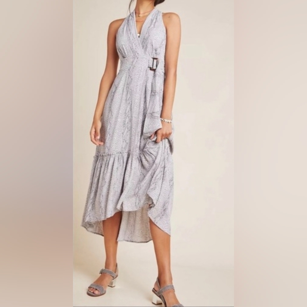 By Anthropologie Marfa Snakeskin Crossover Midi‎ Dress Womens Size 4Gray Pockets